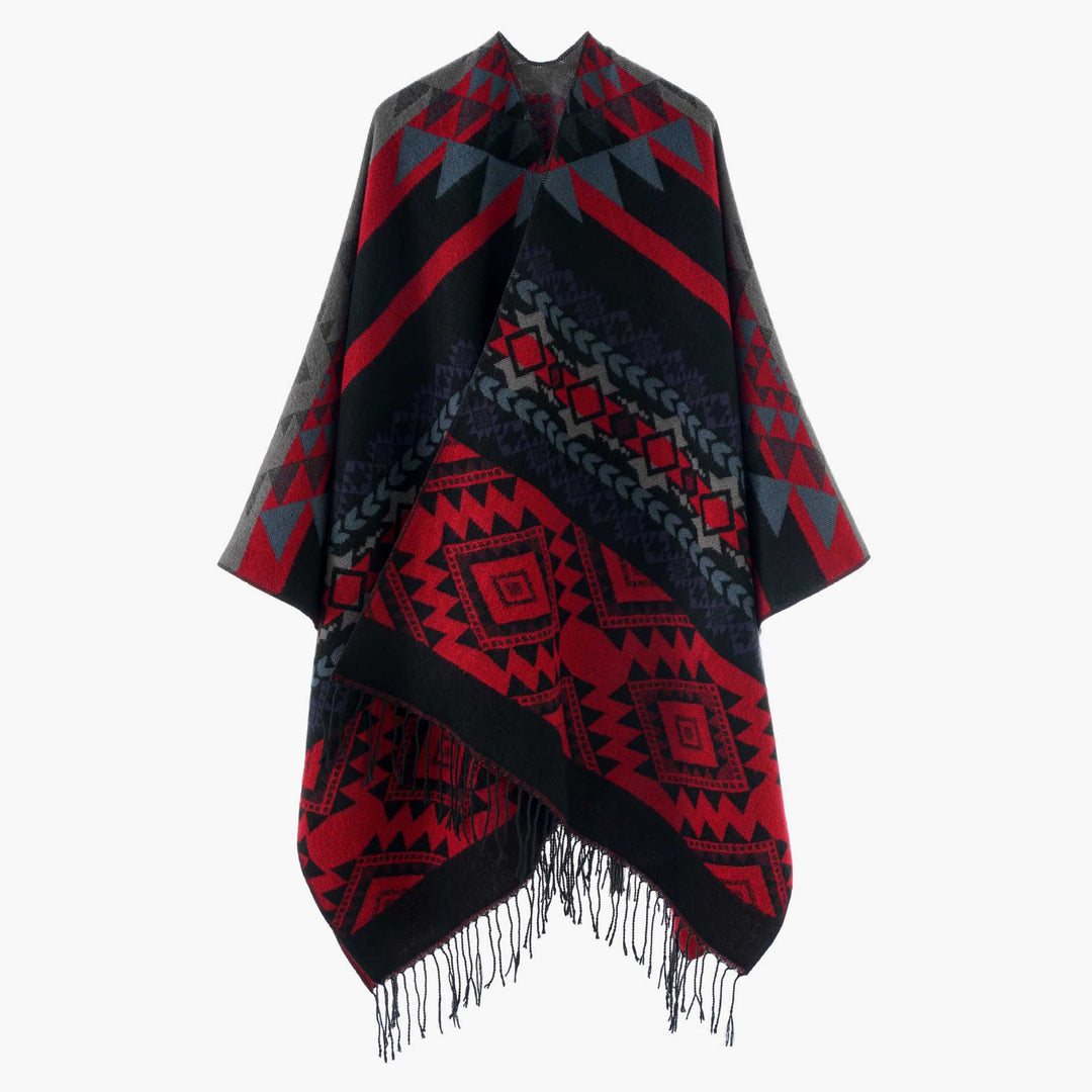 Damen Oversize Jacquard‑Cape im Ethno‑Jacquard mit Fransen – Avérine