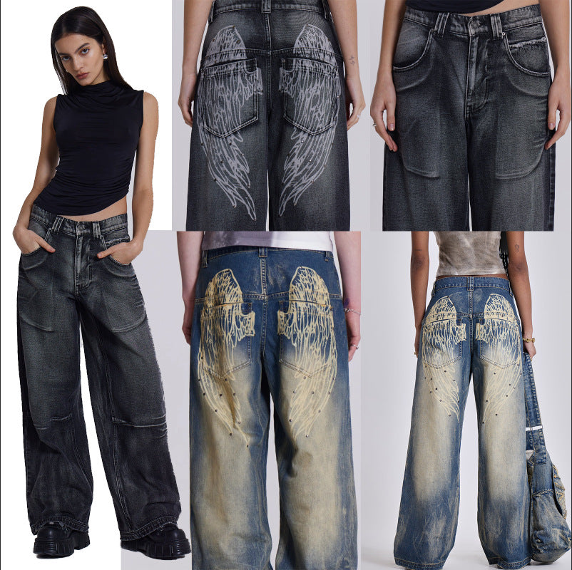 Damen weite Jeans mit kunstvollem Flügel-Design und einzigartigen Details Echo Archiv