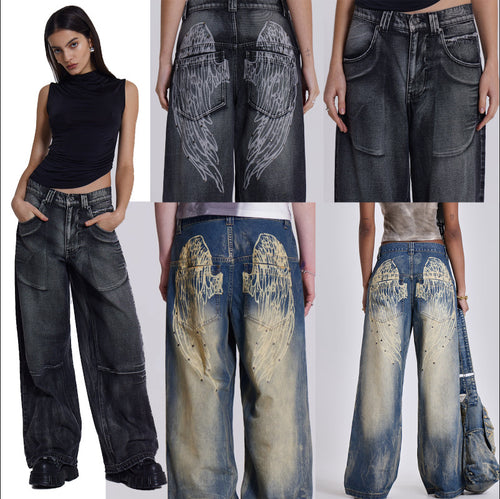 Damen weite Jeans mit kunstvollem Flügel-Design und einzigartigen Details Echo Archiv