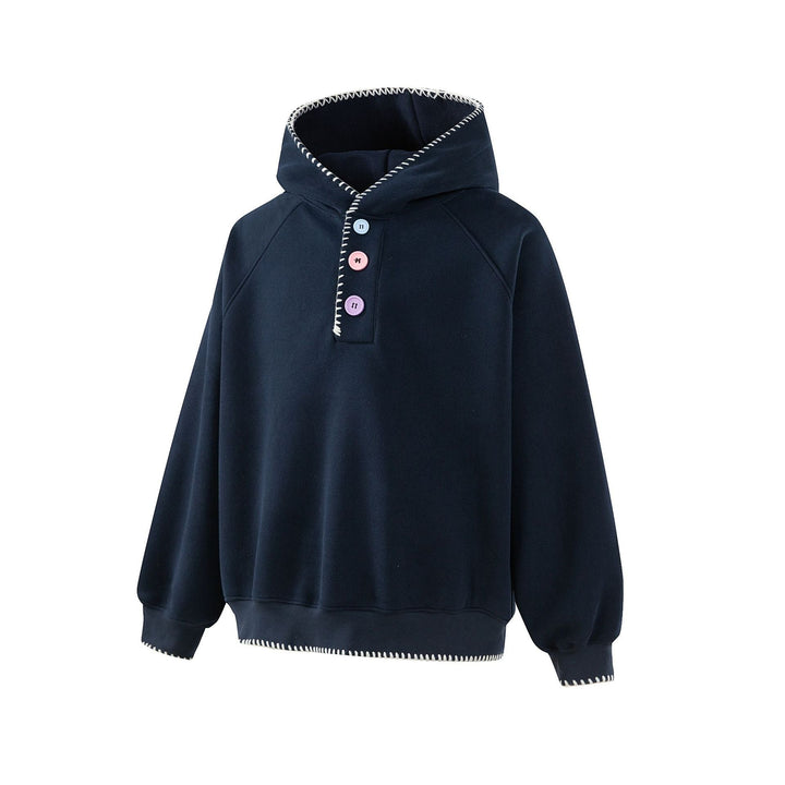 Damen Kapuzenpullover mit halber Knopfleiste, dekorativer Sattelnaht und Oversize-Schnitt Echoarchiv