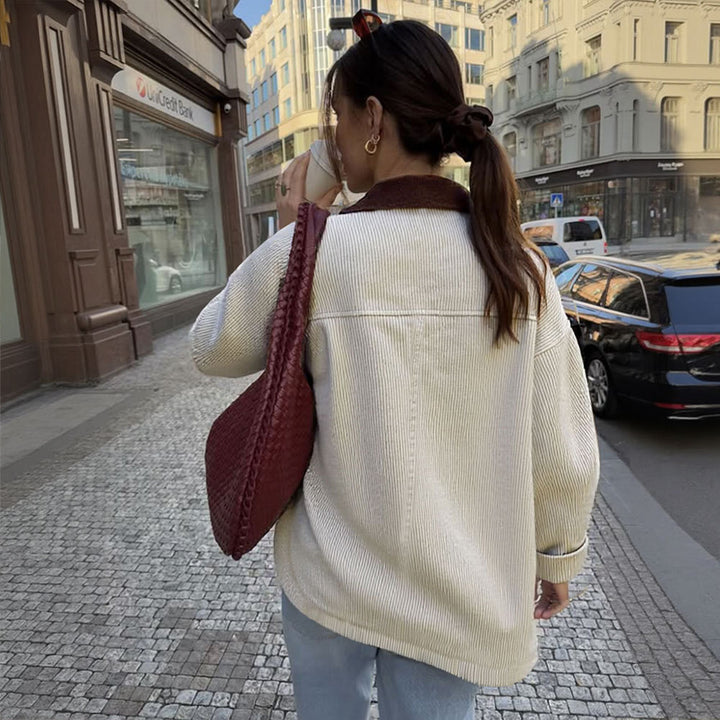 Damen Cordjacke mit kontrastkragen, aufgesetzten Taschen und Knopfleiste – Célinea