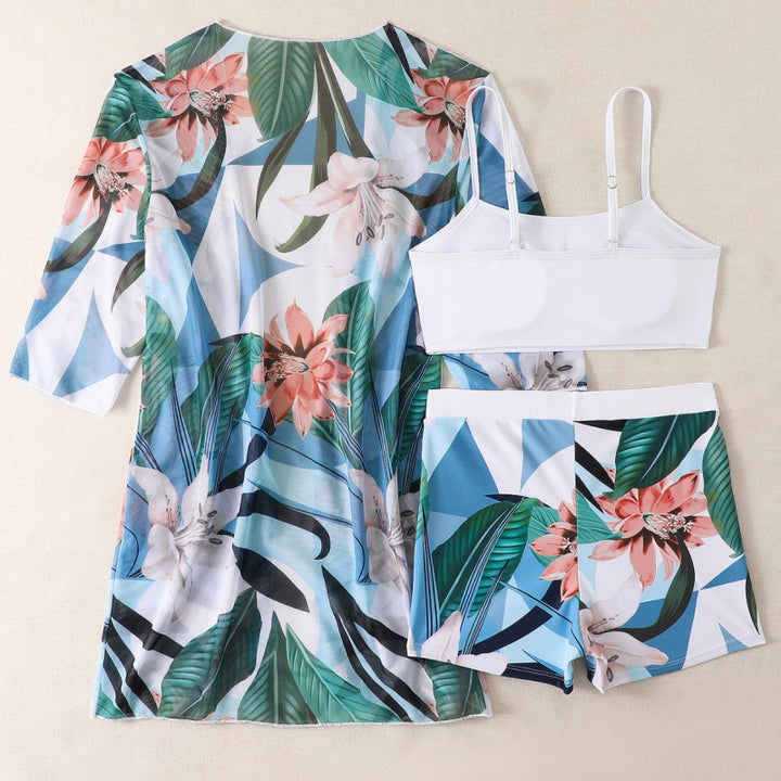 Damen Strandset mit floralem Kimono, Oberteil und Shorts Echo Archiv