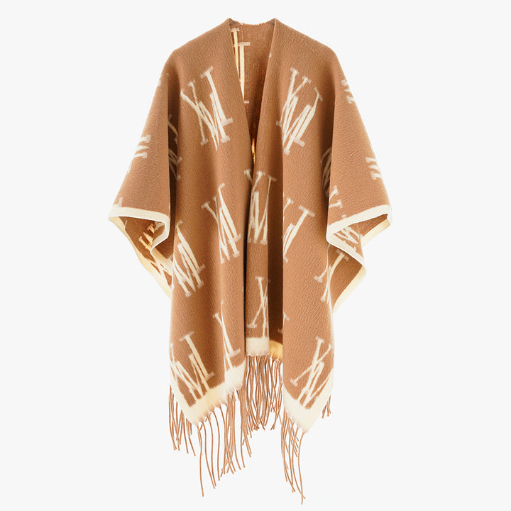 Damen Oversize-Monogramm-Capeponcho aus Wollmix mit Fransensaum – Célinea