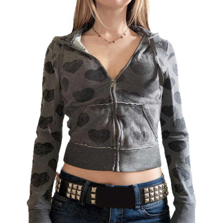 Damen Kurze Kapuzenjacke mit Reißverschluss, Kängurutasche und Allover-Herzmuster – Auréline
