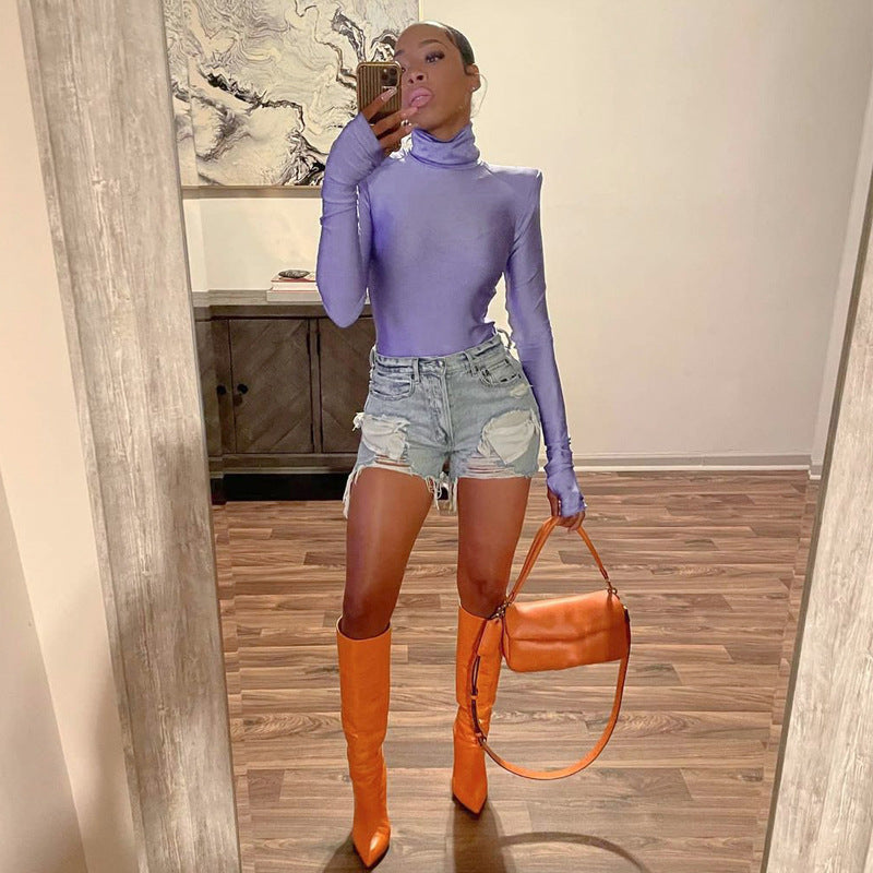 Damen Langarm-Bodysuit mit hohem Kragen und eleganten Raffungen Echo Archiv