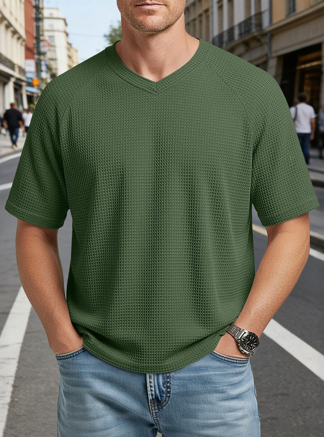 Herren nan lässiges V-Ausschnitt Waffelstrick-T-Shirt aus atmungsaktivem Baumwollmix Echo Archiv