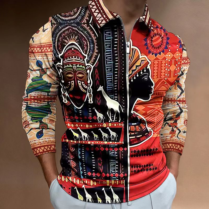 Herren Zip-Up Shirt mit kunstvollem Ethno-Design und elastischen Ärmelabschlüssen Echoarchiv