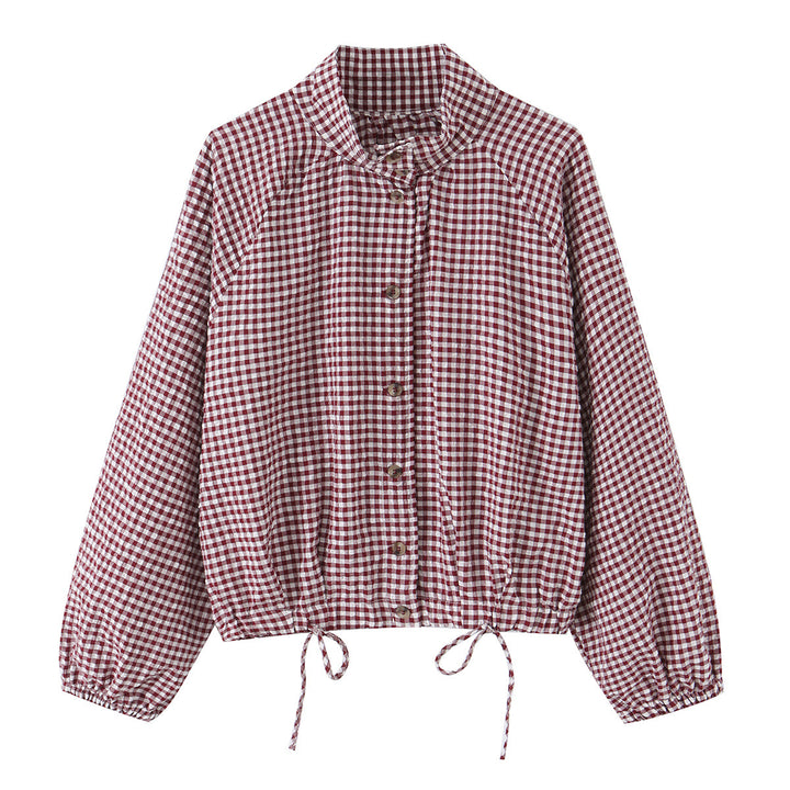 Damen Karierter Gingham-Blouson mit Tunnelzug-Saum, Raglanärmeln und Stehkragen Echo Archiv