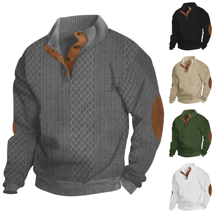 Herren Strukturierter Aran-Strickpullover mit halbem Knopfleistenkragen und Leder-Ellbogenpatches Echoarchiv