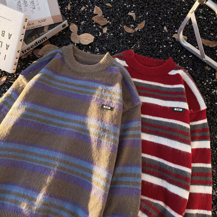 Unisex Gestreifter Oversize-Mohair‑Optik Pullover mit Rundhals und weicher Struktur Echoarchiv