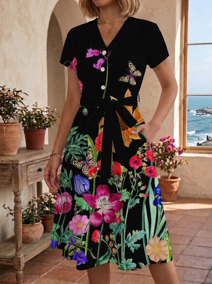 Damen Blühendes Midikleid mit taillierbarem Gürtel und kunstvollem Print Echo Archiv