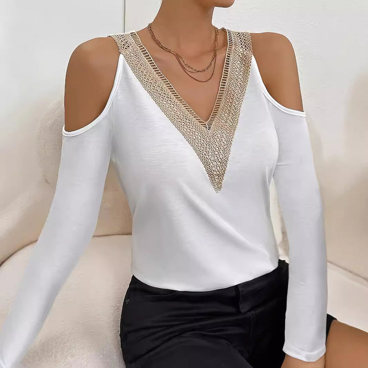 Damen nan Langarmshirt mit offenen Schultern und gehäkeltem V-Spitzenbesatz Echo Archiv