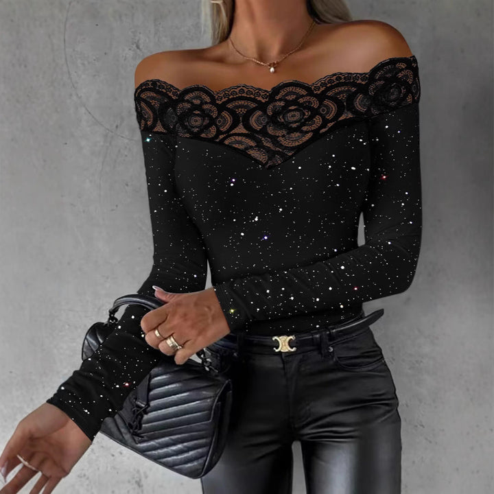Damen Oberteil mit transparentem Spitzenbesatz und modischem Galaxie-Design Echoarchiv