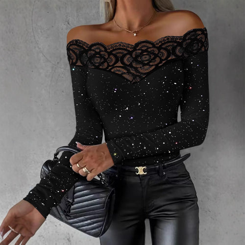 Damen Oberteil mit transparentem Spitzenbesatz und modischem Galaxie-Design Echoarchiv