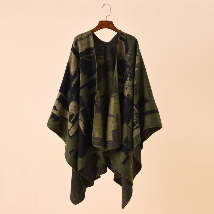 Damen Oversize-Umhangruana aus Wollmix mit abstraktem Jacquard und Zierstichkante – Célinea