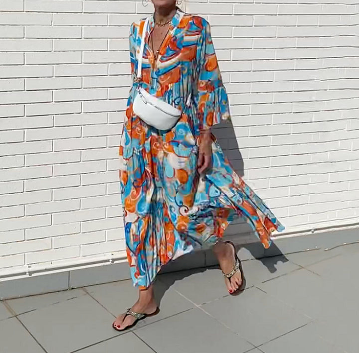 Damen nan luftiges Maxikleid mit Aquarellprint, V‑Ausschnitt, halber Knopfleiste und Stufenrock Echo Archiv