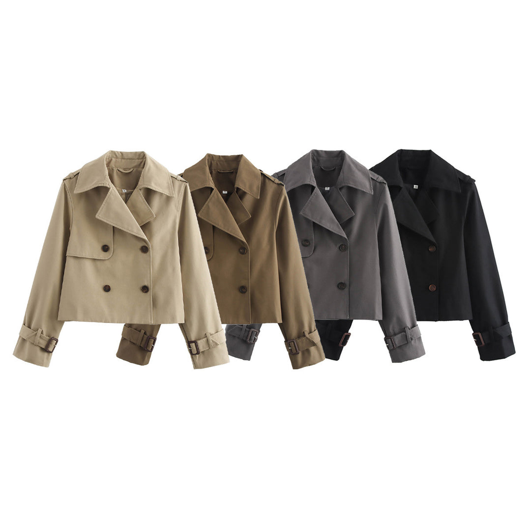 Damen cropped Trenchjacke mit Doppelreiher, Epauletten und verstellbaren Schnallenmanschetten – Célinea