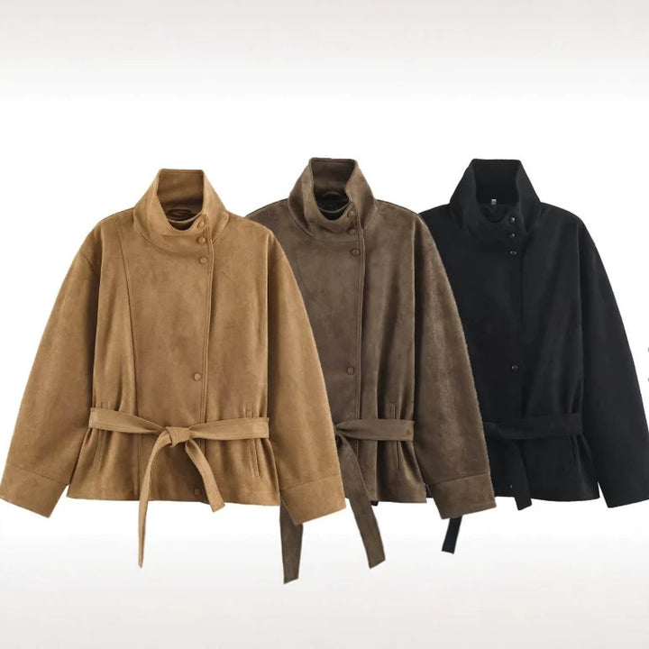 Damen Veloursleder-Optikjacke mit hohem Stehkragen und Taillengürtel Echo Archiv