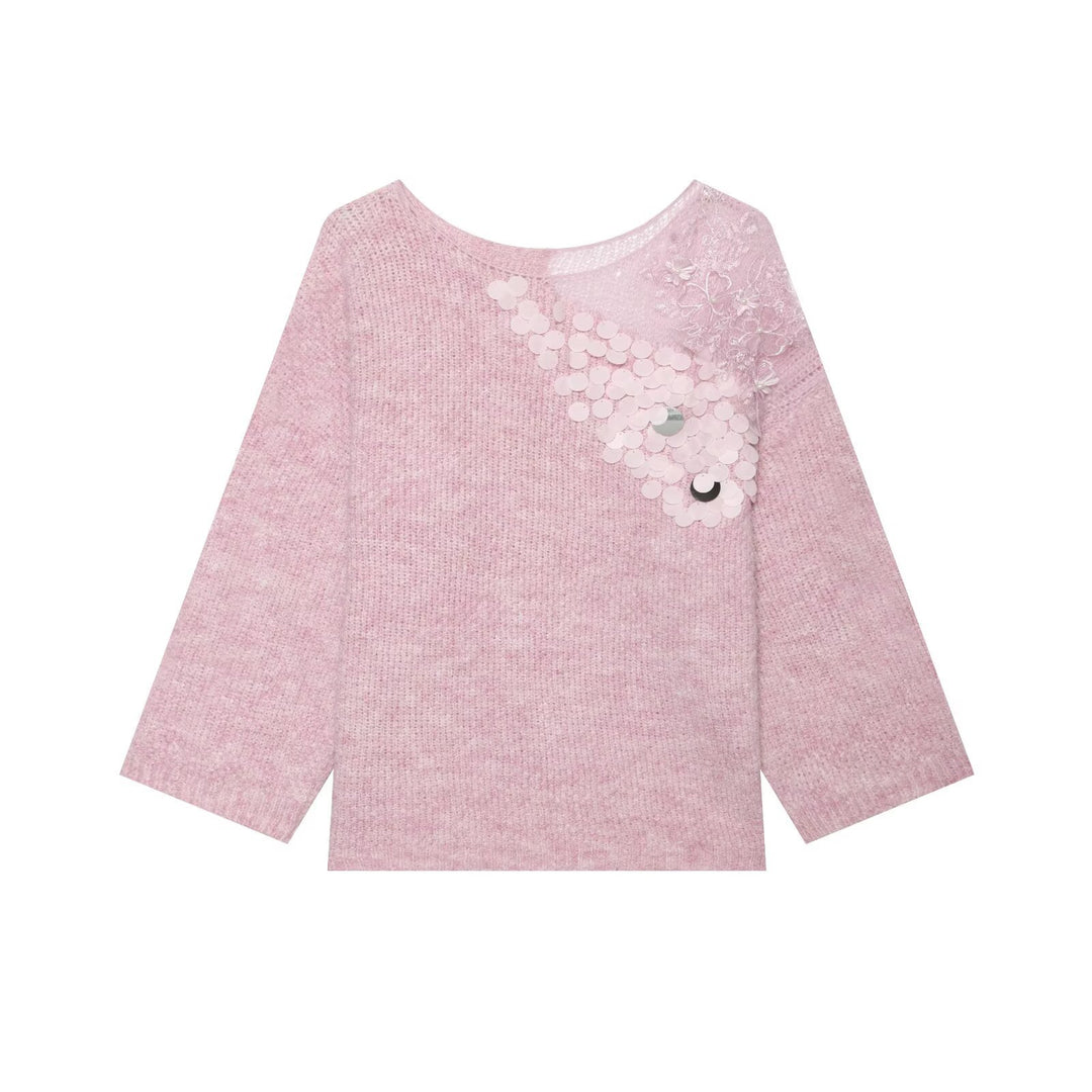 Damen Grobstrick-Pullover mit Rundhalsausschnitt, 3/4-Ärmeln und Pailletten‑Spitzenapplikation Echo Archiv