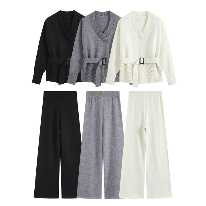 Damen Strick-Set mit V‑Ausschnitt, Taillengürtel und weiten Culotte-Hosen Echo Archiv