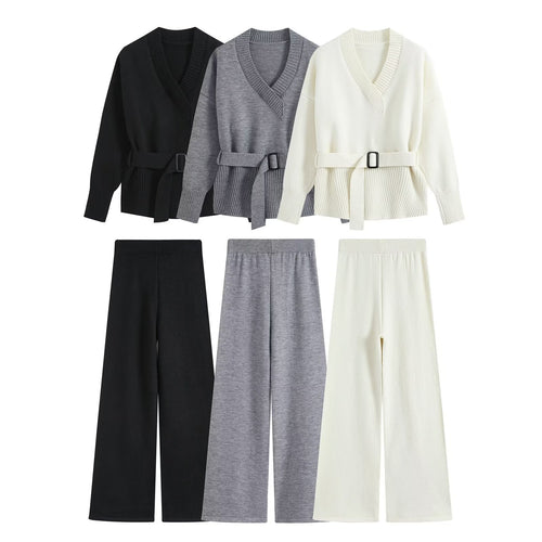 Damen Strick-Set mit V‑Ausschnitt, Taillengürtel und weiten Culotte-Hosen Echo Archiv