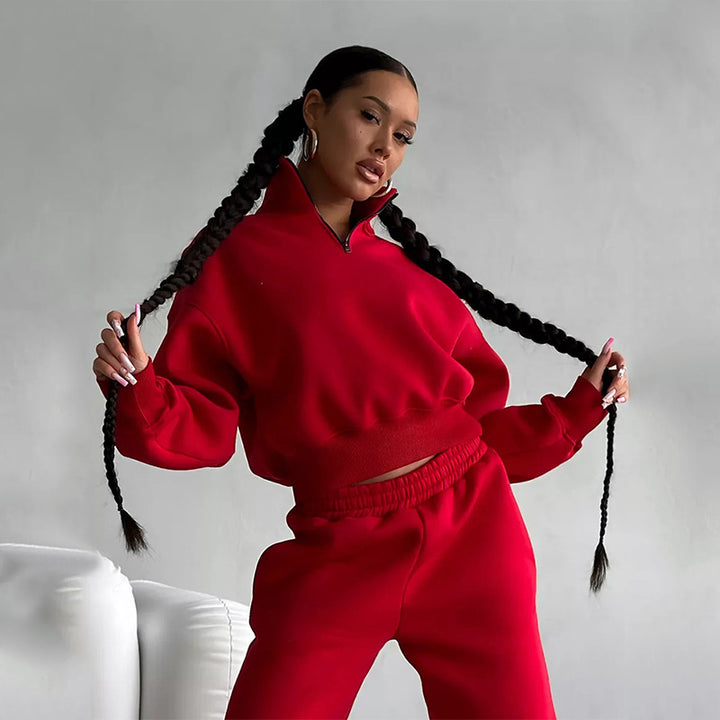 Damen Zweiteiliges Cropped-Halbzip-Sweatset mit Stehkragen und elastischer High-Waist-Jogginghose – Avérine
