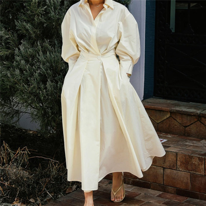 Damen Midaxi-Hemdblusenkleid mit tailliertem Drapé und weitem Tellerrock Echoarchiv