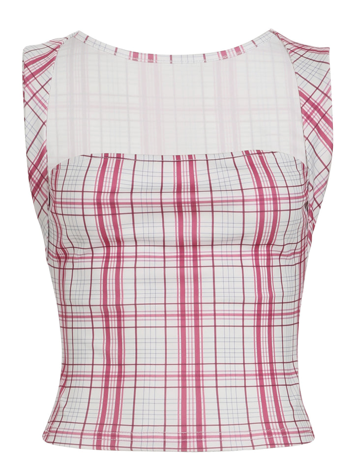 Damen figurbetontes Karo-Top mit elegantem Schnitt und transparenten Einsätzen Echo Archiv