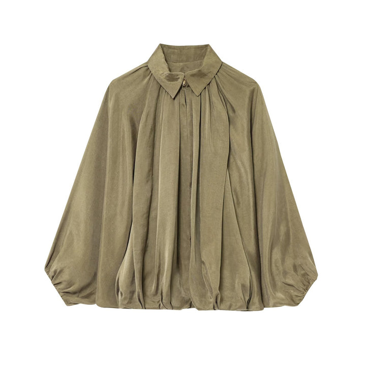Damen weit geschnittene Cape-Bluse mit durchgehendem Reißverschluss, balloniertem Saum und gerafften Ärmeln – Élovi