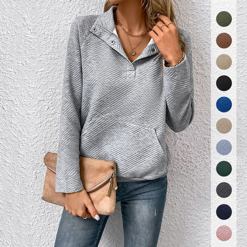 Damen Stepp-Sweatshirt mit Klappkragen, Druckknopf-Detail und Kängurutasche – Mavelle