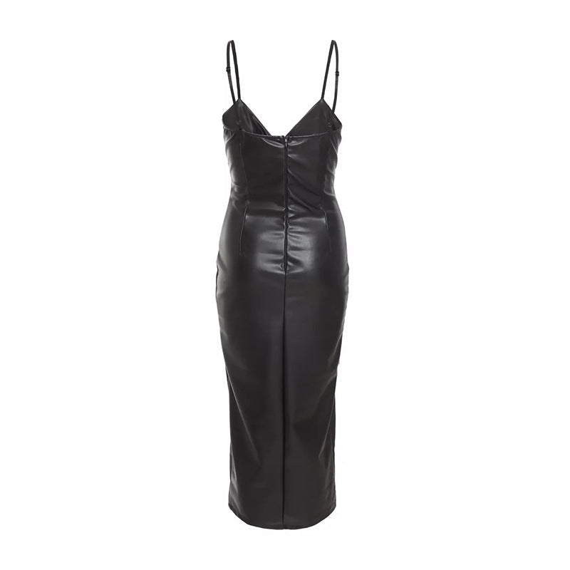 Damen Figurumspielendes Kunstleder-Midikleid mit tiefem V-Ausschnitt und seitlichem Schlitz Echo Archiv