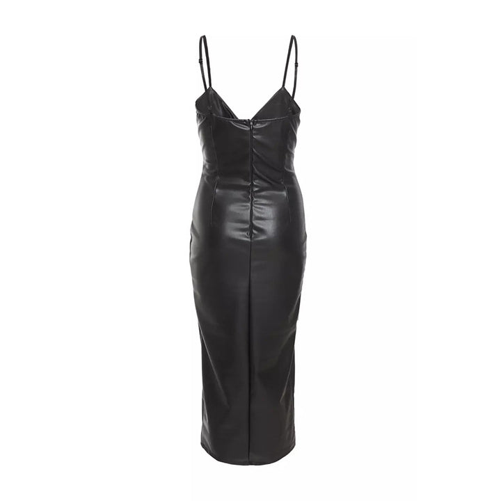 Damen Figurumspielendes Kunstleder-Midikleid mit tiefem V-Ausschnitt und seitlichem Schlitz Echo Archiv