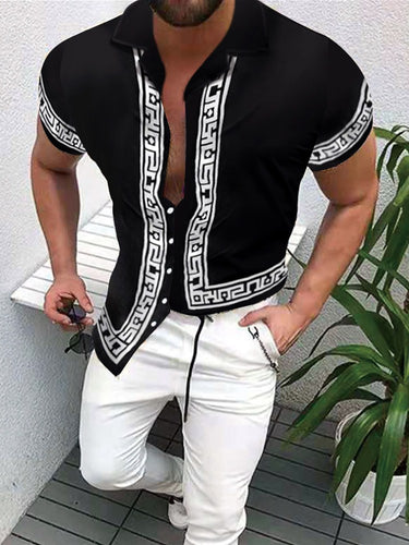 Herren Kurzarm Geometrisches Druck Hemd mit Knopfleiste Echoarchiv