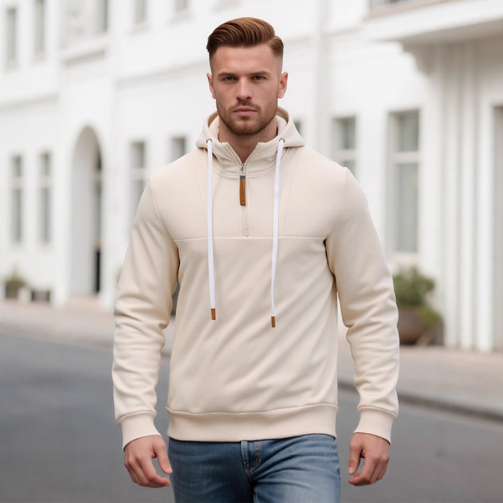 Herren Halbzip-Kapuzenpullover mit Stehkragen, Kordelzug und Lederdetails – Cavarno