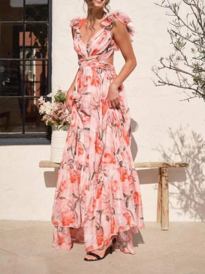 Damen Maxikleid mit luftigen Rüschendetails und ausgefallenem Wickeldesign Echoarchiv