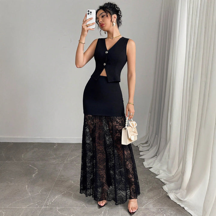 Damen nan zweiteiliges Abend-Set mit taillierter Weste und bodenlangem Spitzen-Overlay-Rock Echo Archiv