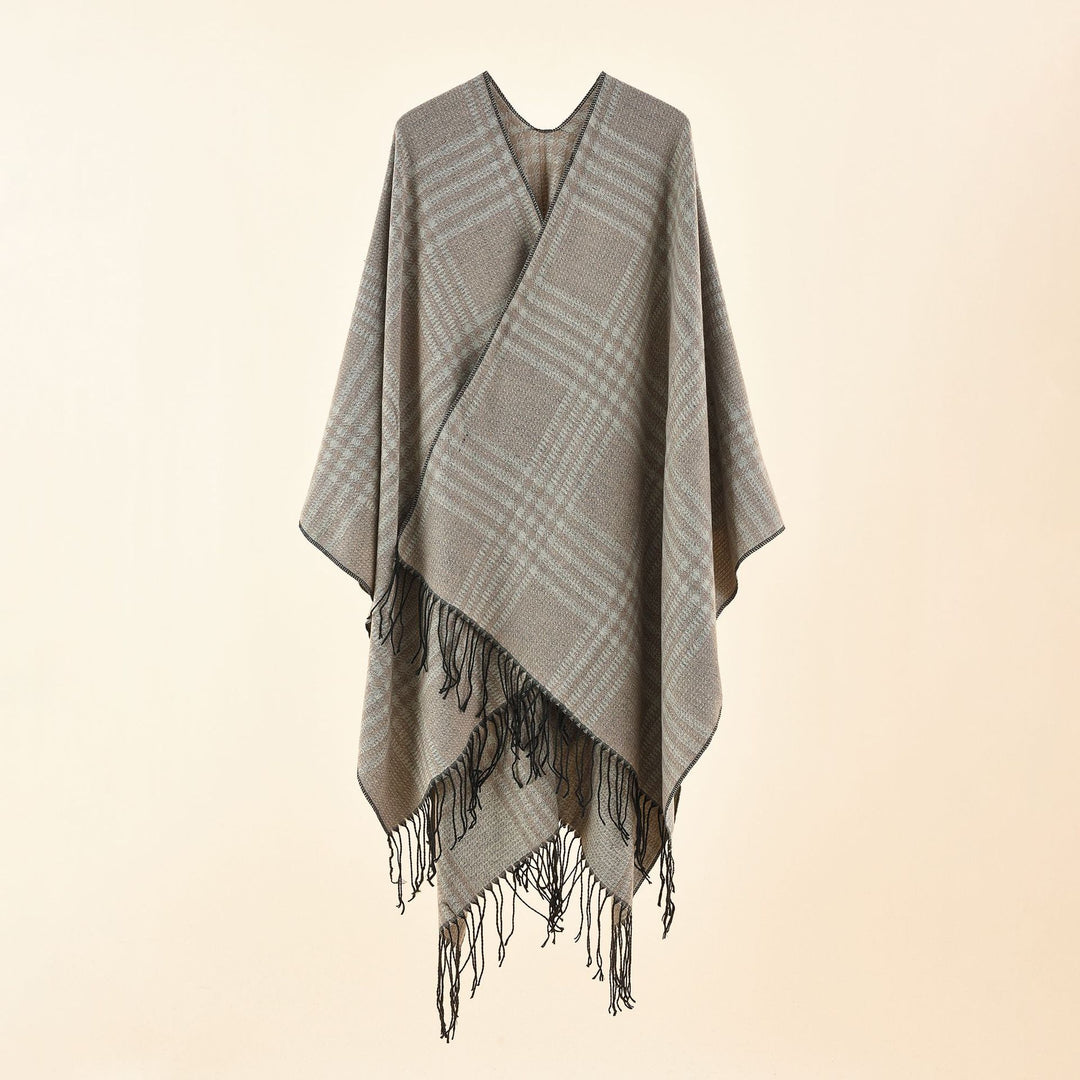 Damen Ruana-Poncho mit V‑Ausschnitt, kastigem Kimono-Fall und Fransensaum Echo Archiv