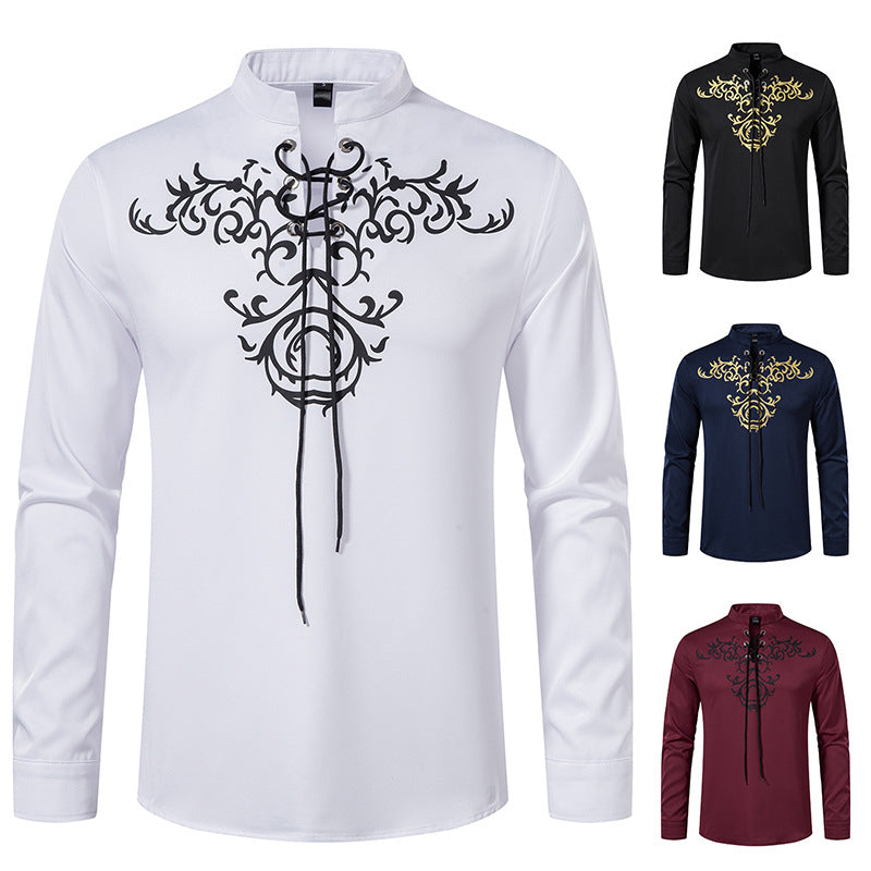 Herren Langarmshirt im asiatischen Stil mit kunstvollem Schnürungsdesign und modernen Akzenten Echoarchiv