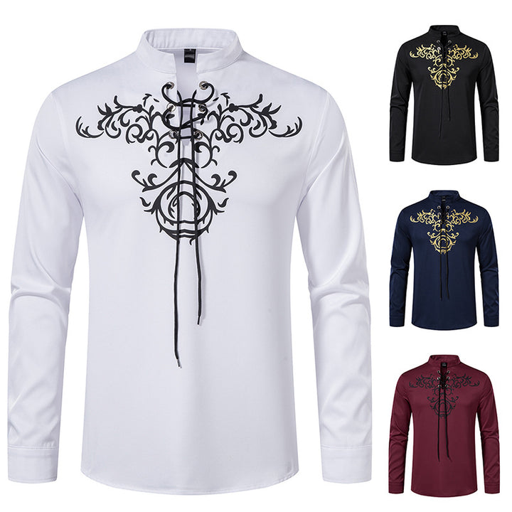 Herren Langarmshirt im asiatischen Stil mit kunstvollem Schnürungsdesign und modernen Akzenten Echoarchiv