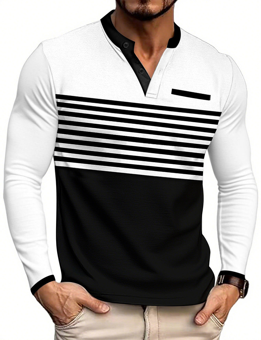 Herren nan modernes Langarm-Polo mit Henley-Blende gestreifter Brustpartie und Stehkragen Echo Archiv