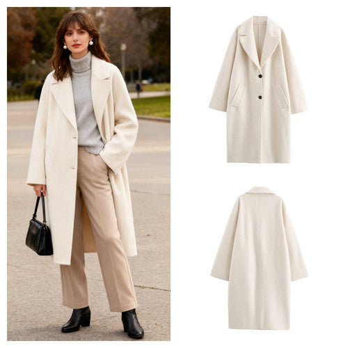 Damen Oversize Einreihiger Walkmantel mit breitem Revers und aufgesetzten Taschen Echo Archiv
