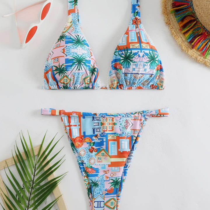 Damen Bikini-Set mit fröhlichem Stadtmotiv und hoch geschnittenem Höschen Echo Archiv