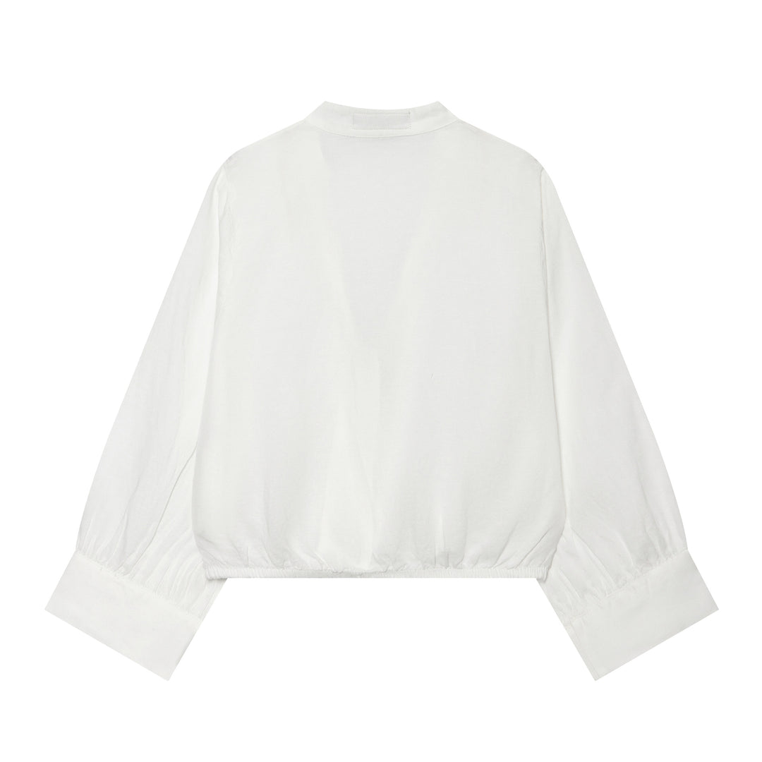 Damen Cropped-Bluse im Tai-Chi-Stil mit Stehkragen, Knotenverschlüssen und Ballonärmeln Echo Archiv