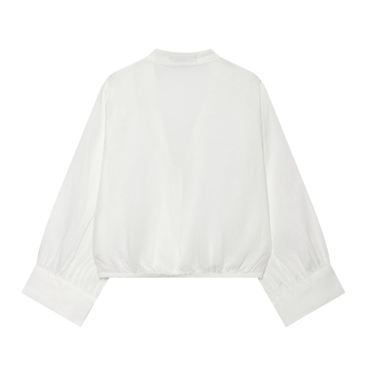 Damen Cropped-Bluse im Tai-Chi-Stil mit Stehkragen, Knotenverschlüssen und Ballonärmeln Echo Archiv