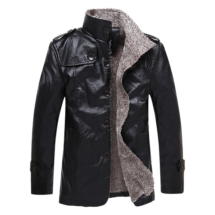 Herren Texturierte Kunstleder-Midlayerjacke mit Teddyfleece-Innenfutter, Stehkragen und Schulterpatten Echoarchiv