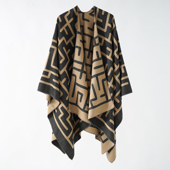 Damen Oversize-Doubleface-Überwurf mit geometrischem Jacquard und offener Front Echo Archiv