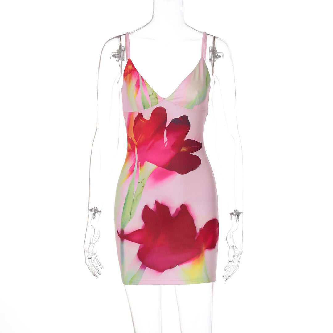 Damen Figurbetontes Minikleid mit Blumenprint und tiefem V-Ausschnitt Echo Archiv