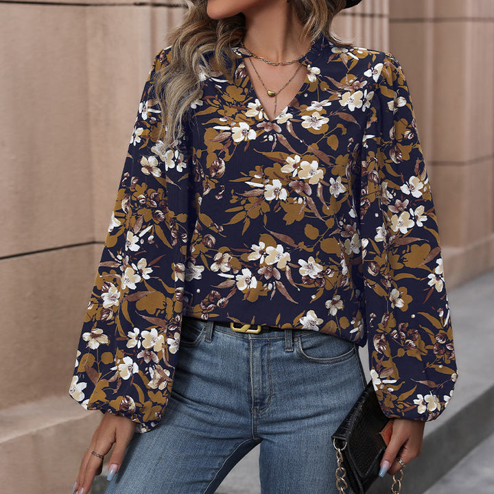 Damen Leichte Chiffonbluse mit floralem Alloverprint, V-Ausschnitt und voluminösen Bündelärmeln Echoarchiv