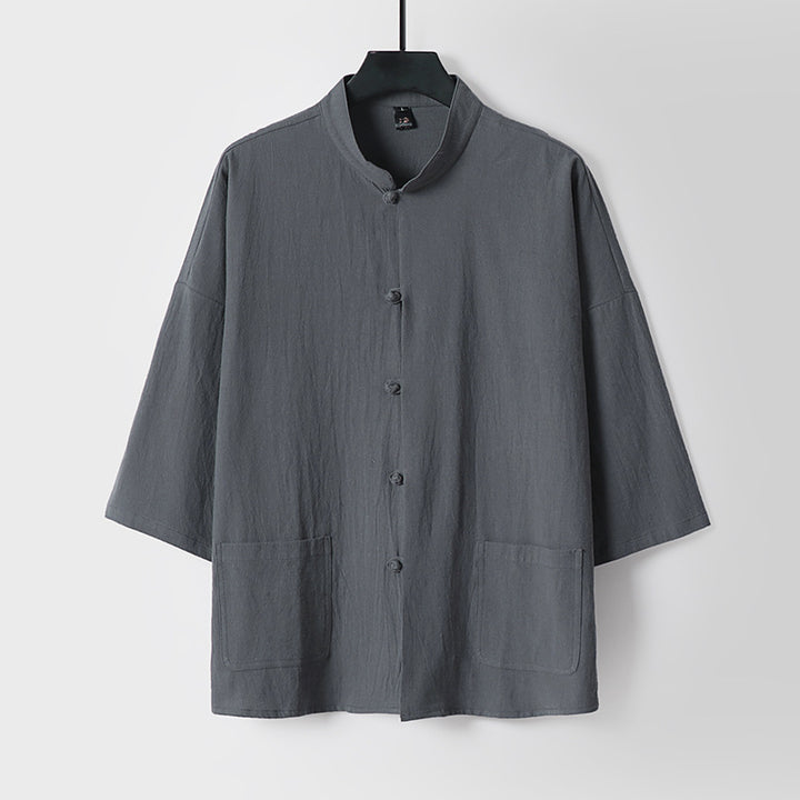Unisex Locker geschnittene Leinen-Baumwoll Jacke mit Stehkragen Echoarchiv