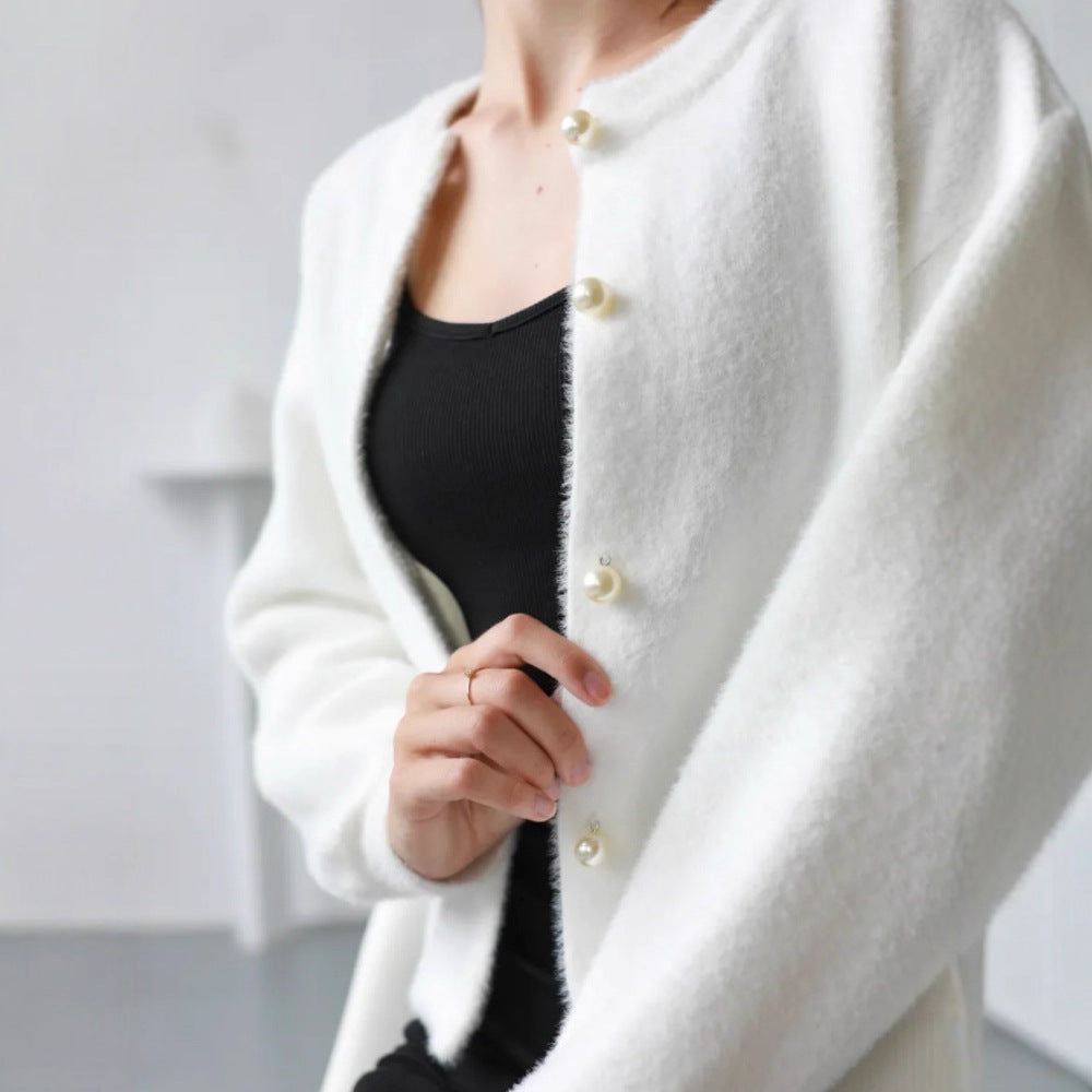 Damen Flauschiger Langarm Cardigan mit Perlenknöpfen Echo Archiv